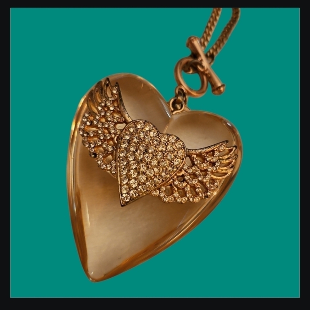 BETSEY JOHNSON Jumbo Rose Gold Angel Wing Puffy Heart Valentine's Necklace